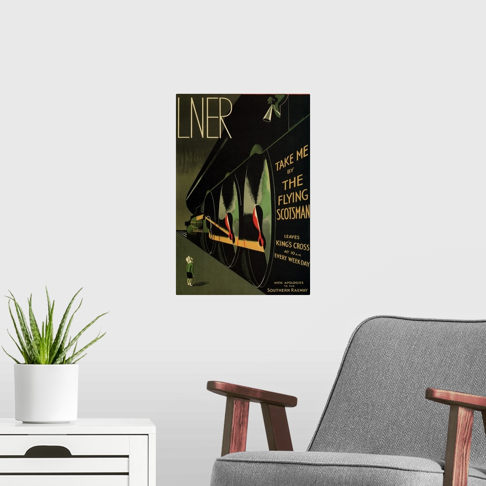 A modern room featuring Flying Scotsman - Vintage Train Advertisement