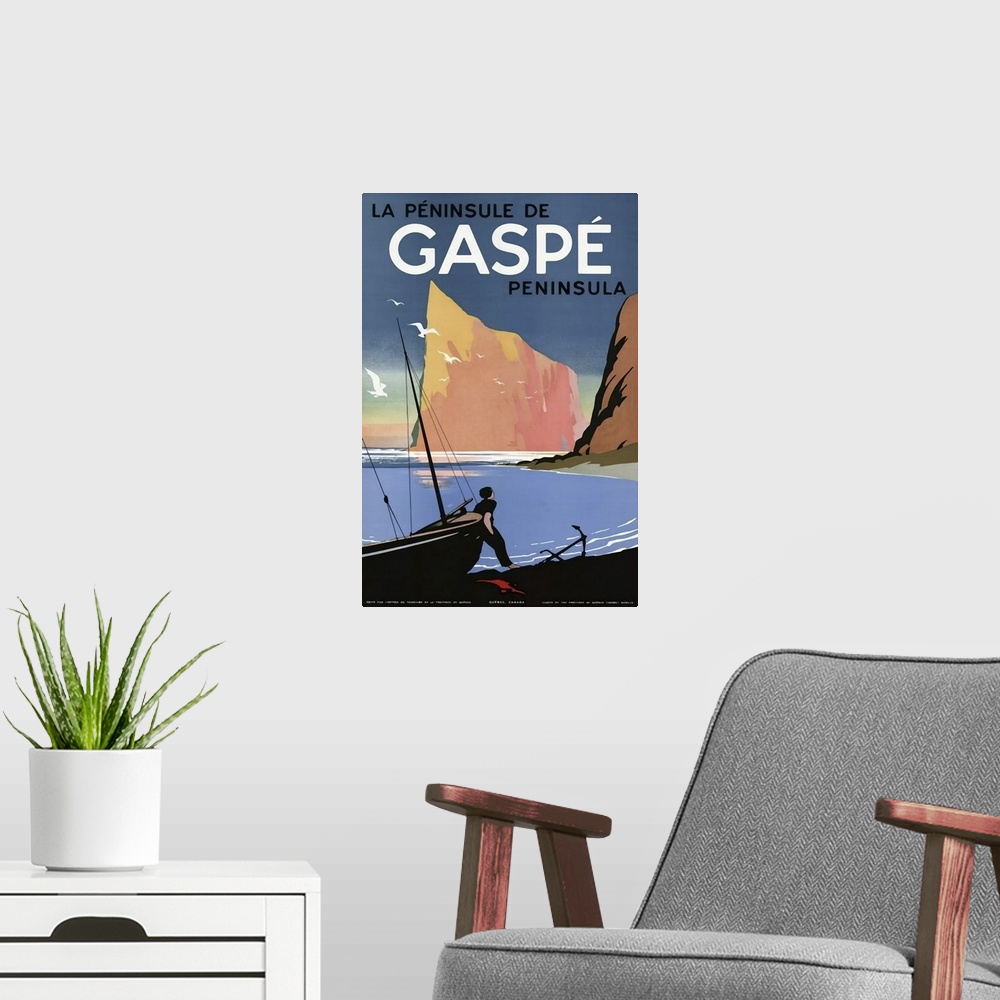 A modern room featuring Vintage poster advertisement for Gaspe.