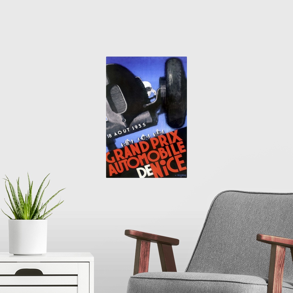 A modern room featuring Vintage poster advertisement for Grand Prix