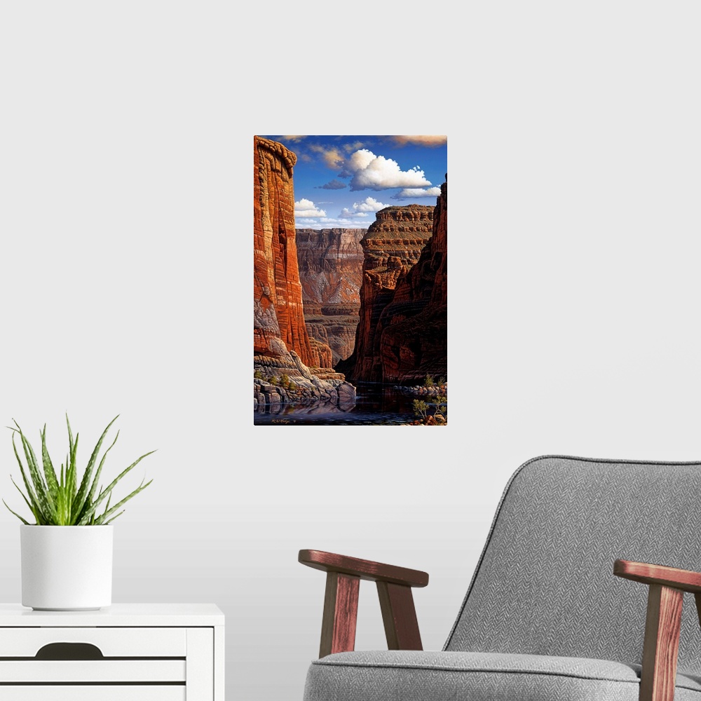 A modern room featuring Contemporary landscape painting of the Grand Canyon as seen from the river on the canyon floor.