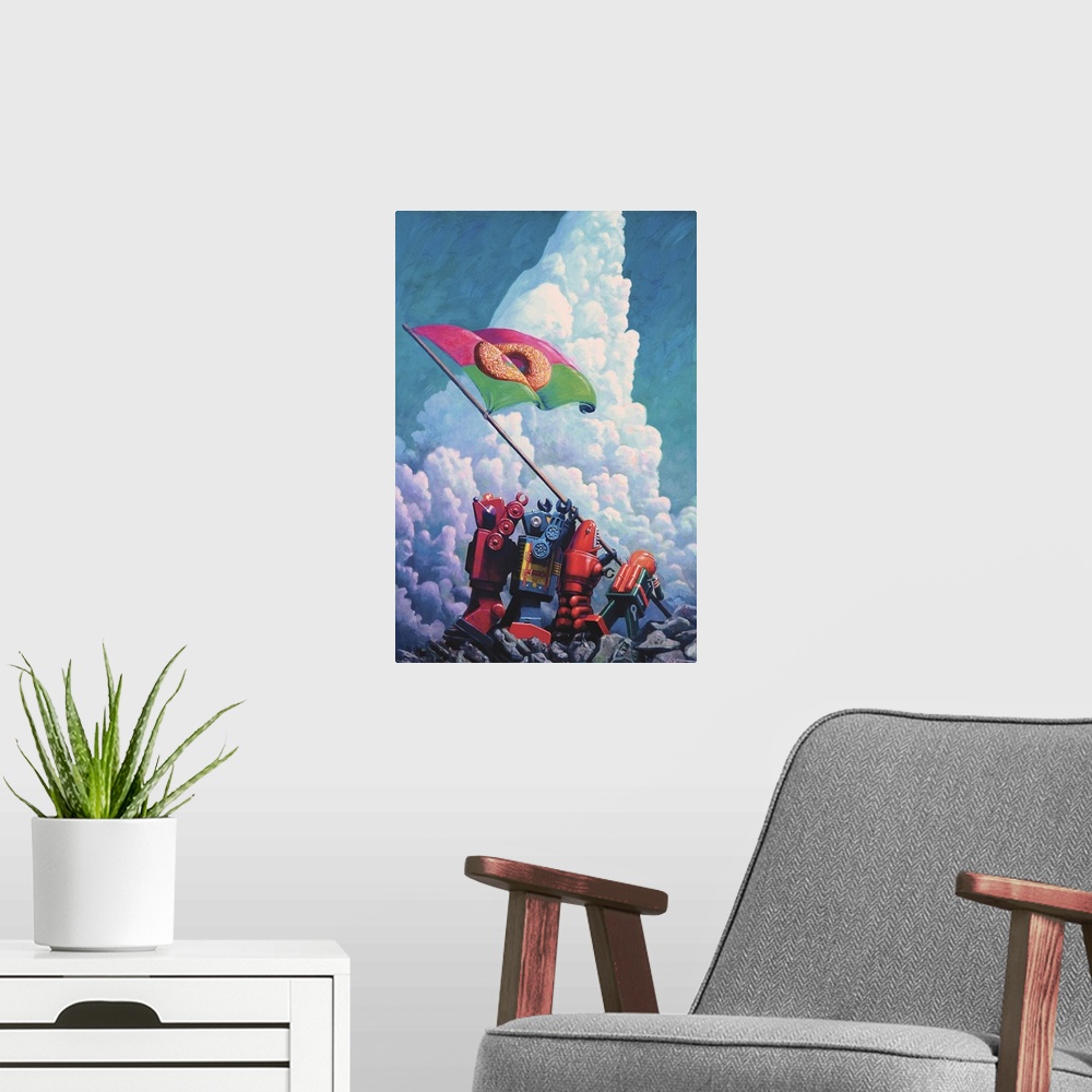 A modern room featuring A contemporary painting of four retro toy robots raising a flag with a donut on it recreating an ...