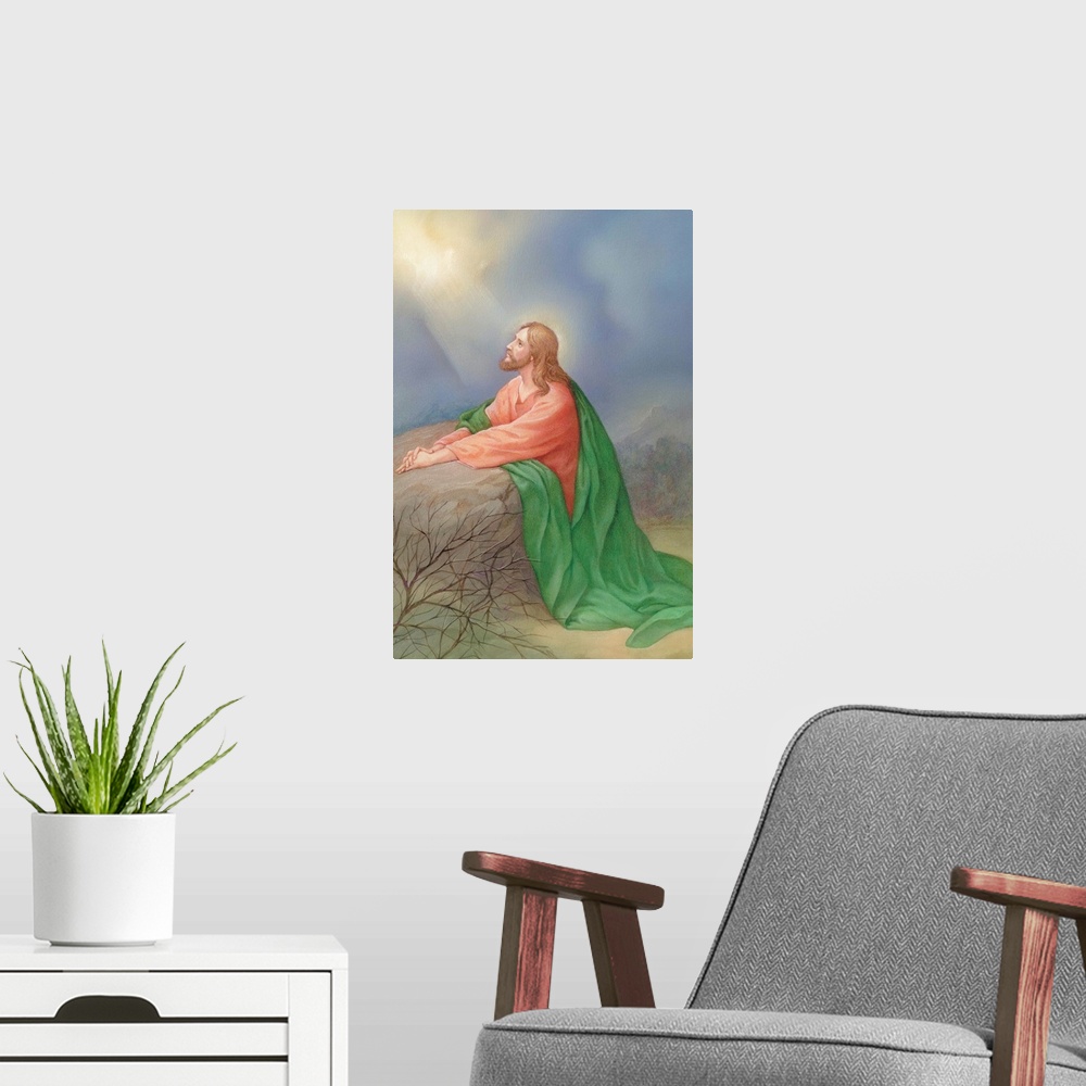 A modern room featuring Jesus kneeling by a rock praying