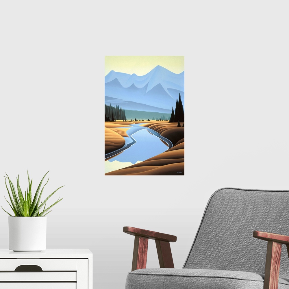 A modern room featuring Contemporary painting of mountain scape, with a river in the foreground.