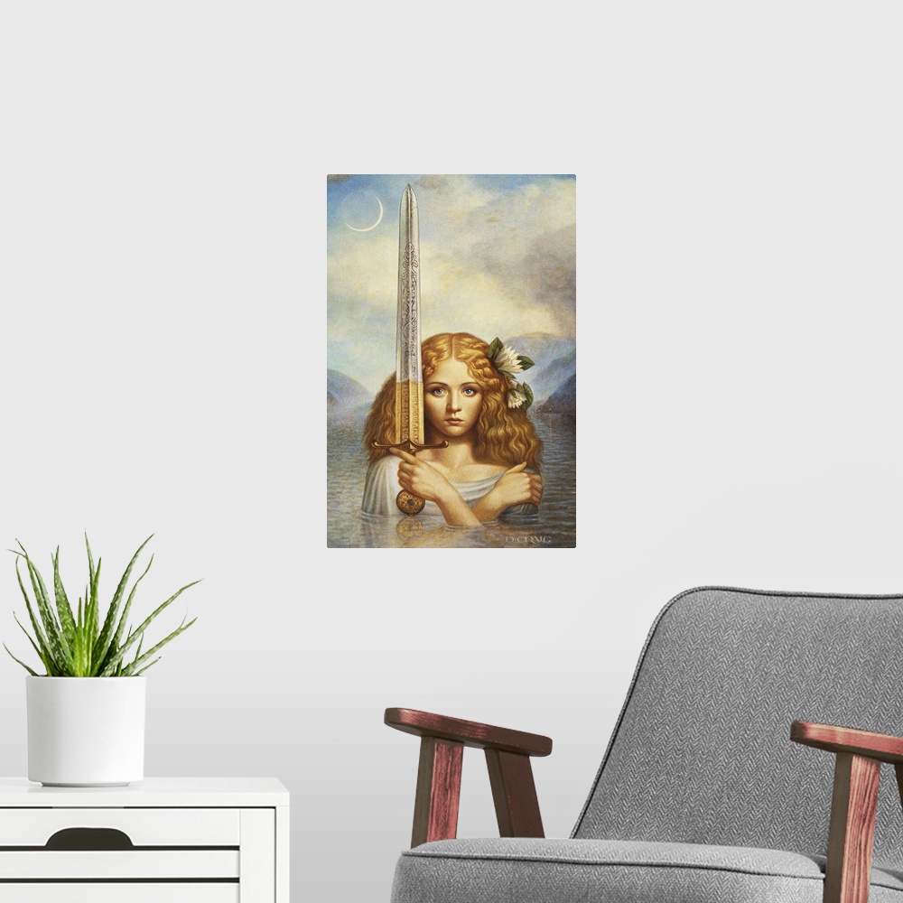 A modern room featuring The lady of the lake emerges from a lake holding the sword Excalibur.