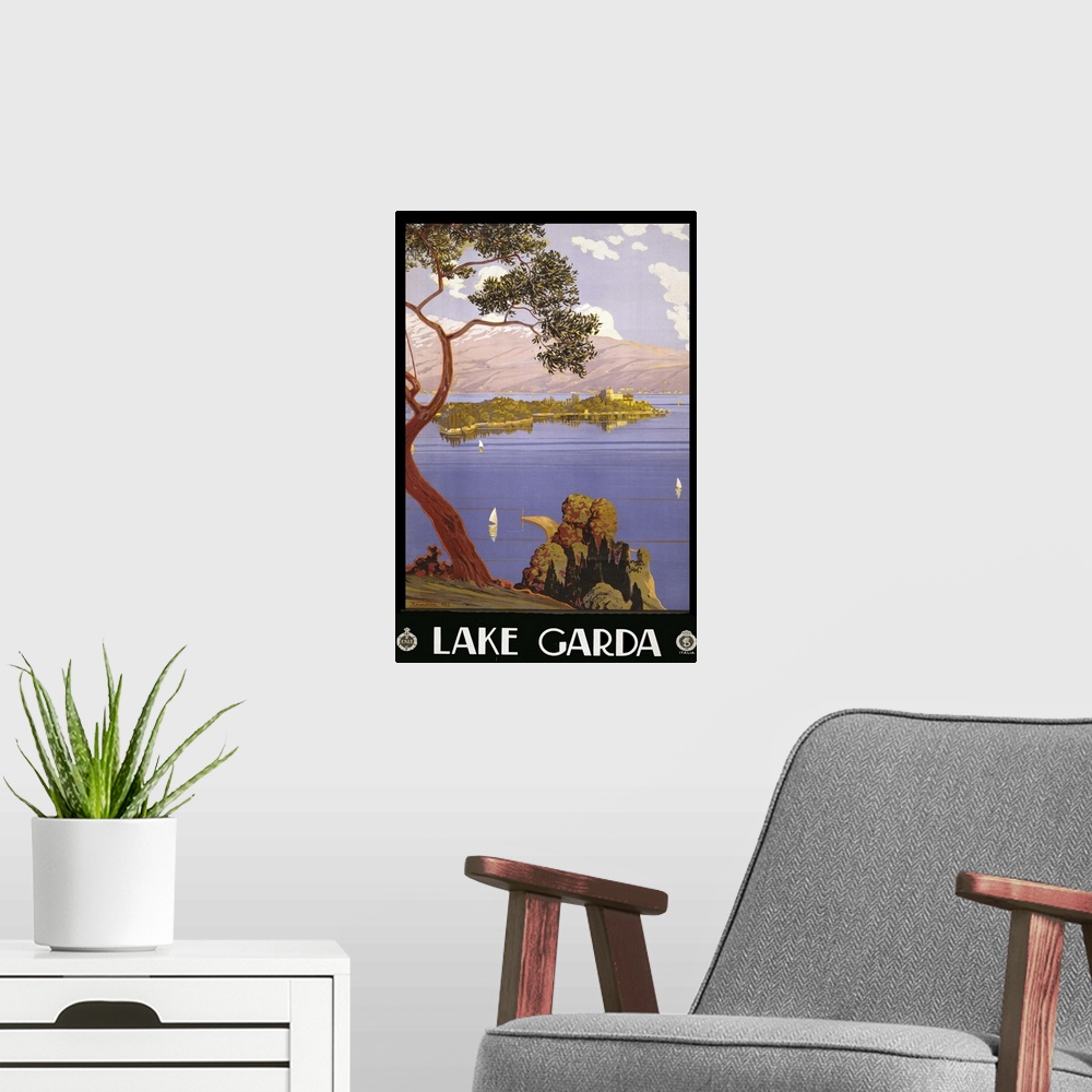 A modern room featuring Lake Garda - Vintage Travel Advertisement