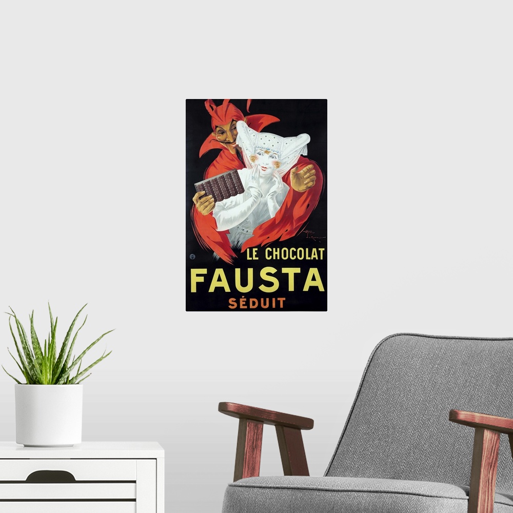 A modern room featuring Vintage poster advertisement for Le Chocolat Fausta.