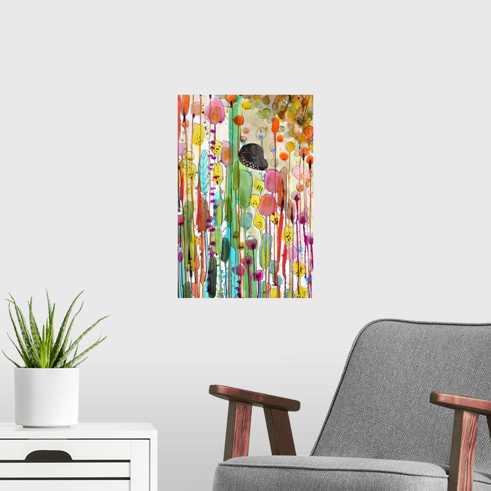 A modern room featuring Contemporary painting of a bird against a colorful background.