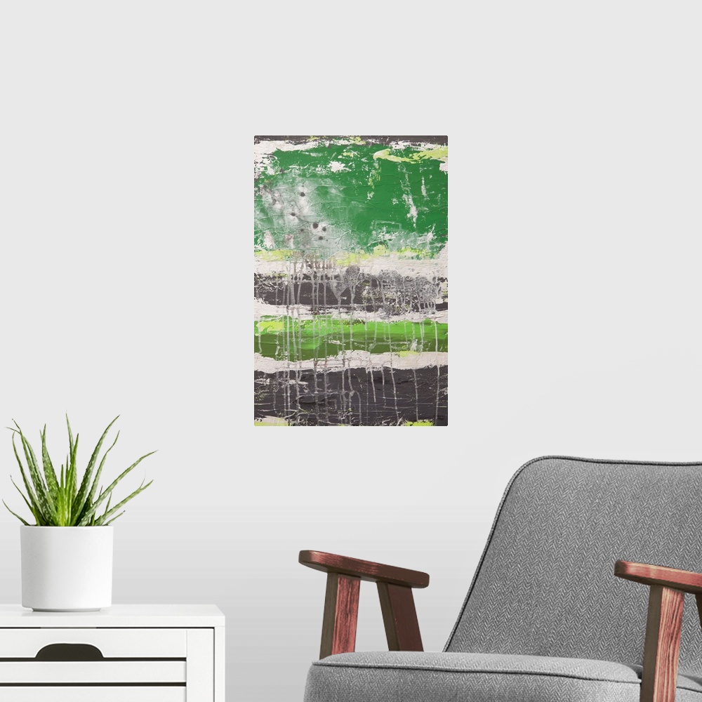 A modern room featuring Contemporary abstract painting in green, white, and grey.