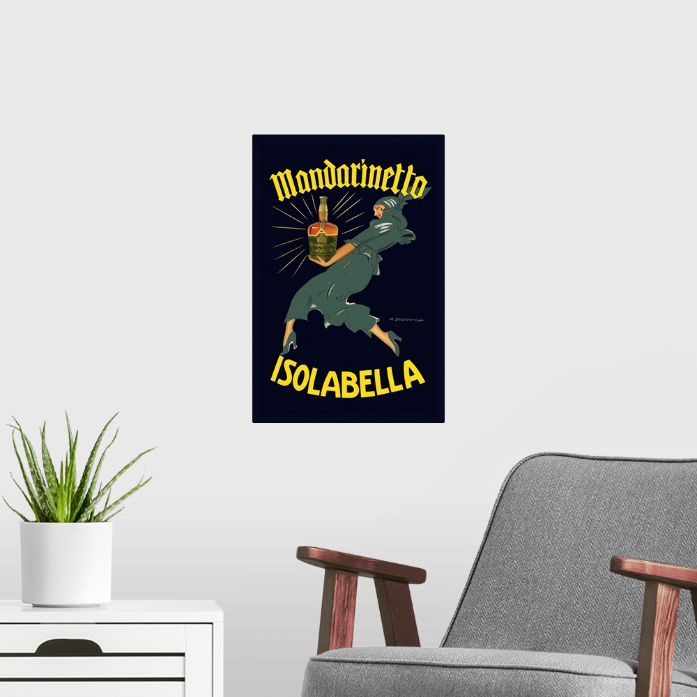 A modern room featuring Vintage advertisement artwork for Mandarinetto Isolabella.