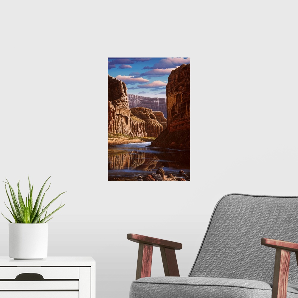 A modern room featuring Contemporary landscape painting of the Grand Canyon.
