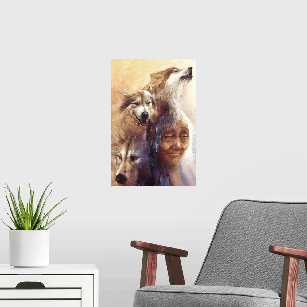 A modern room featuring A contemporary painting of an elderly woman surrounded by three images of wolves.