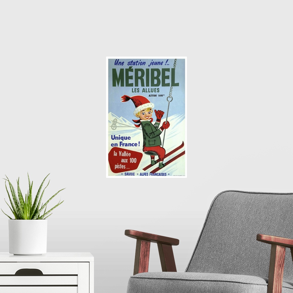 A modern room featuring Vintage advertisement artwork for Maribel Les Allues skiing.