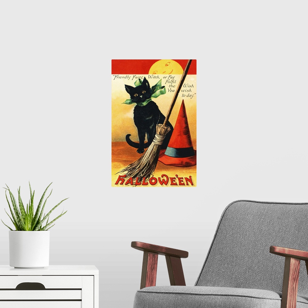 A modern room featuring Vintage illustration of a black cat wearing a green ribbon in a bow around its neck while sitting...