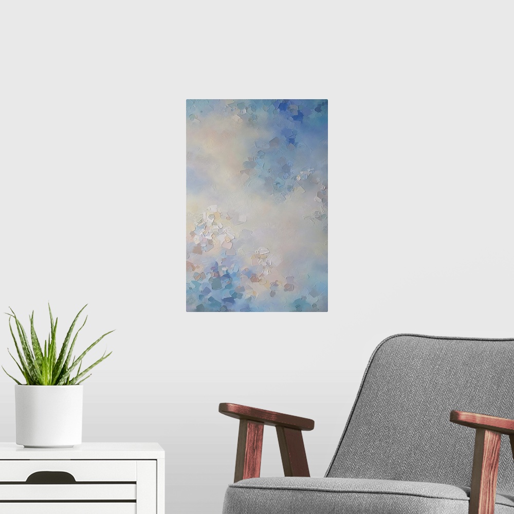 A modern room featuring Abstract painting of clouds and sky Giclee art print on canvas by contemporary abstract artist Me...