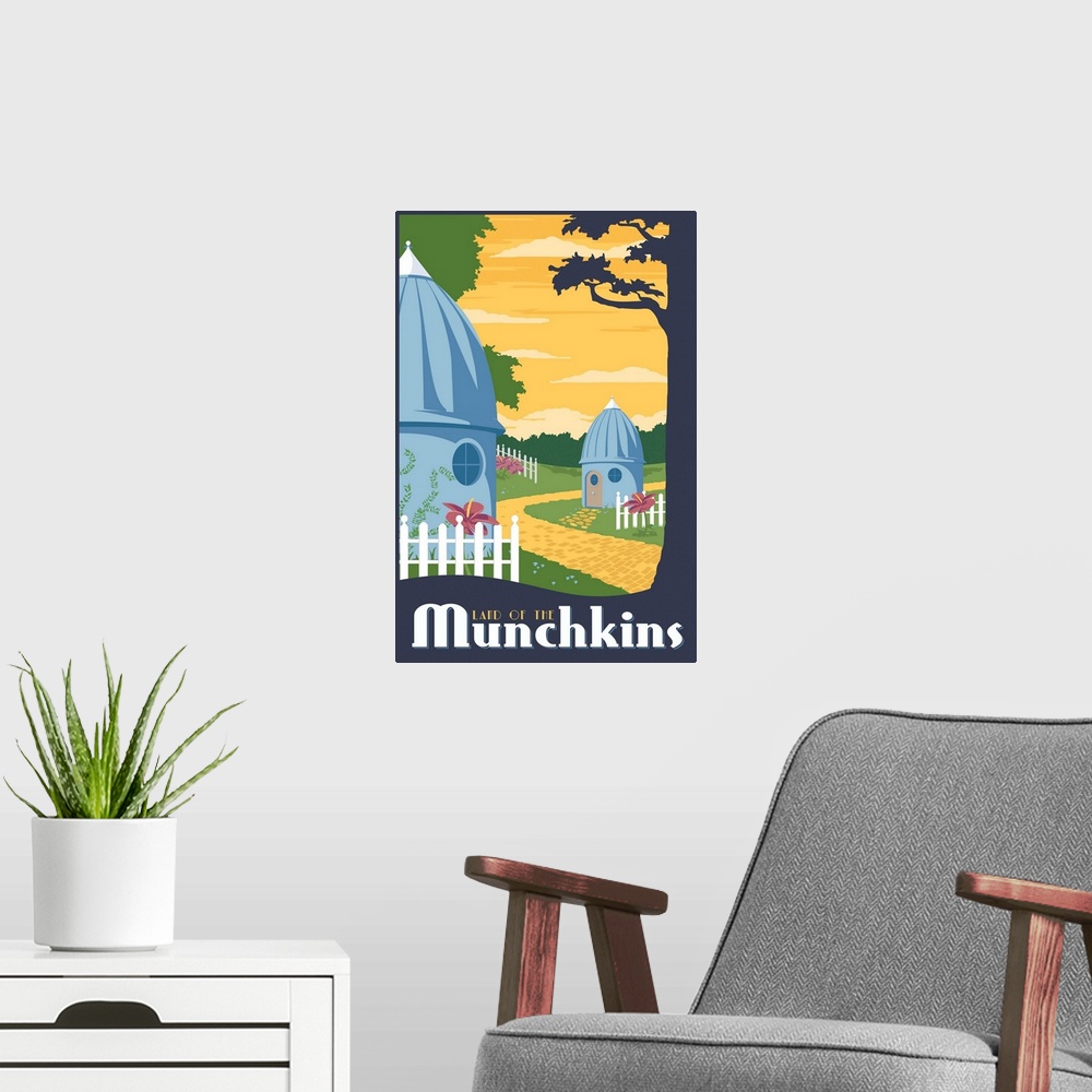 A modern room featuring Retro minimalist movie inspired travel poster.
