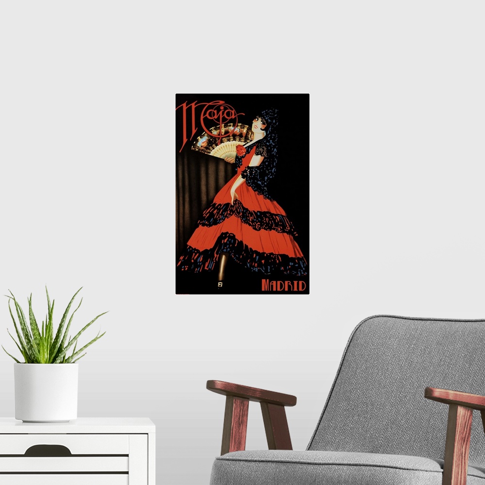 A modern room featuring Vintage poster advertisement for Naja Madrid.