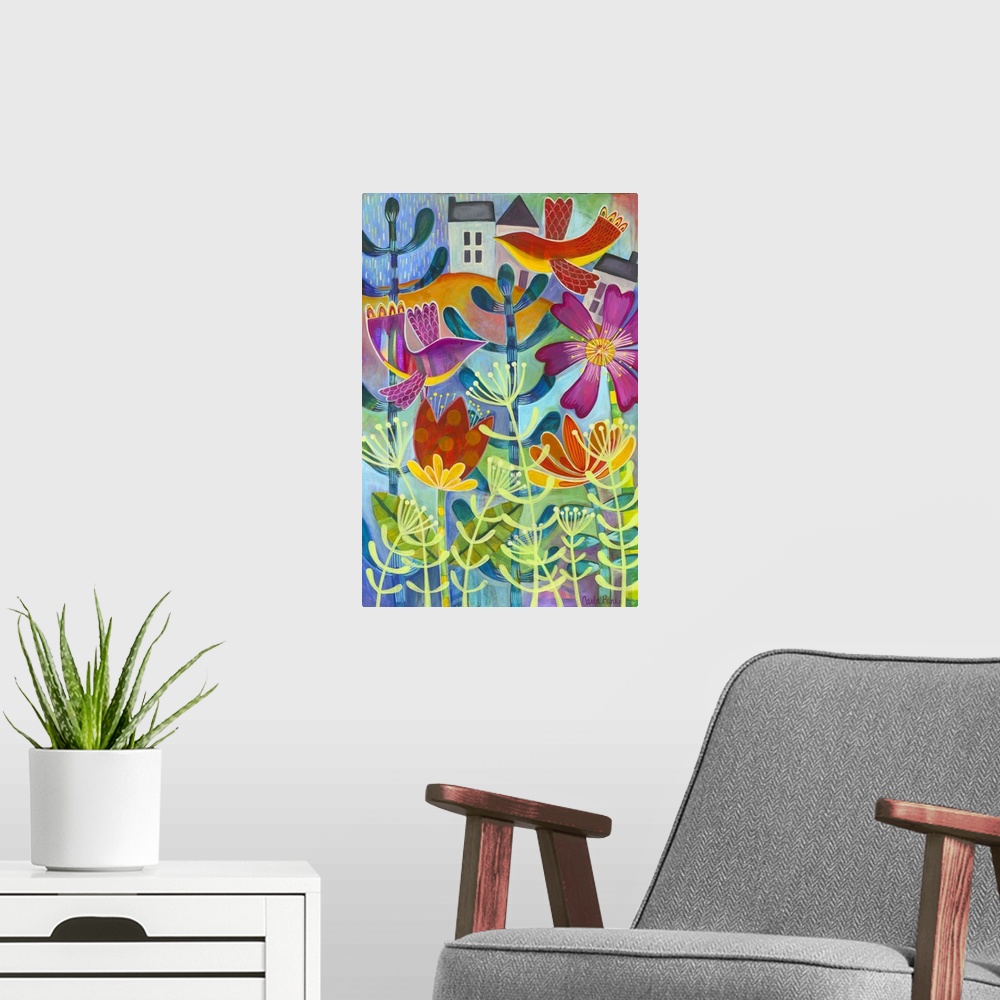 A modern room featuring Contemporary painting of a bird flying over red and purple flowers with a green house in the back...