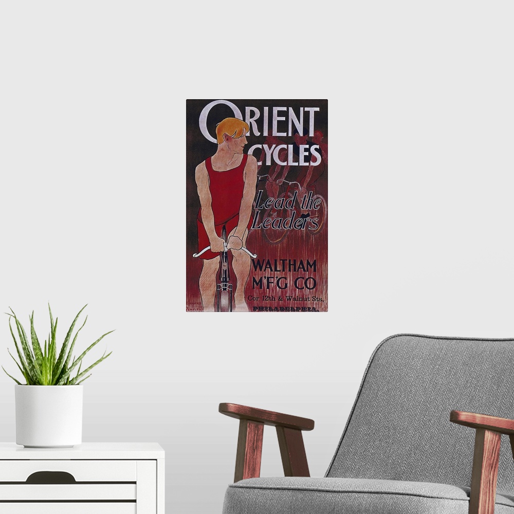A modern room featuring Orient Cycles - Vintage Bicycle Advertisement