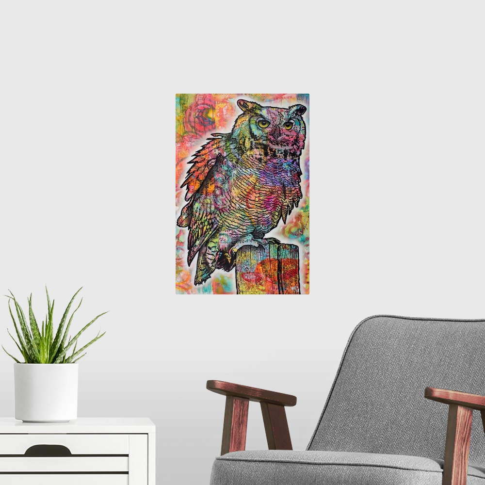 A modern room featuring Colorful illustration of an owl perched on a wooden pole with a graffiti-style background.