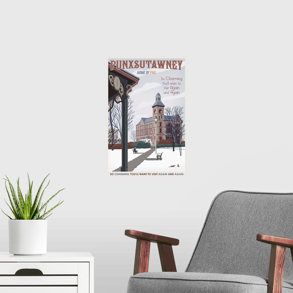A modern room featuring Retro minimalist movie inspired travel poster.