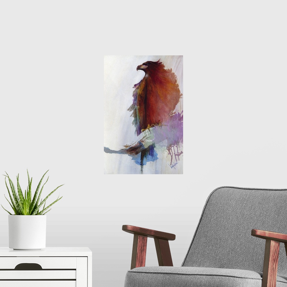 A modern room featuring A contemporary painting of an eagle silhouette with vibrant shades of red, purple and orange blee...