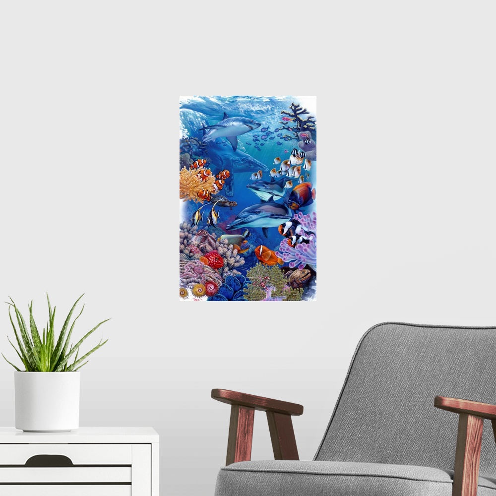 A modern room featuring underwater scene with dolphins, shark, clown fish