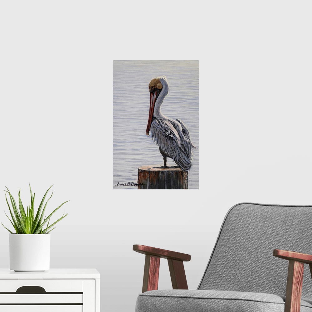 A modern room featuring Contemporary artwork of a brown pelican on a post.