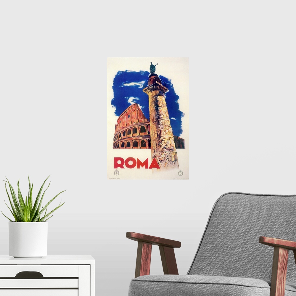 A modern room featuring Vintage poster advertisement for Roma.