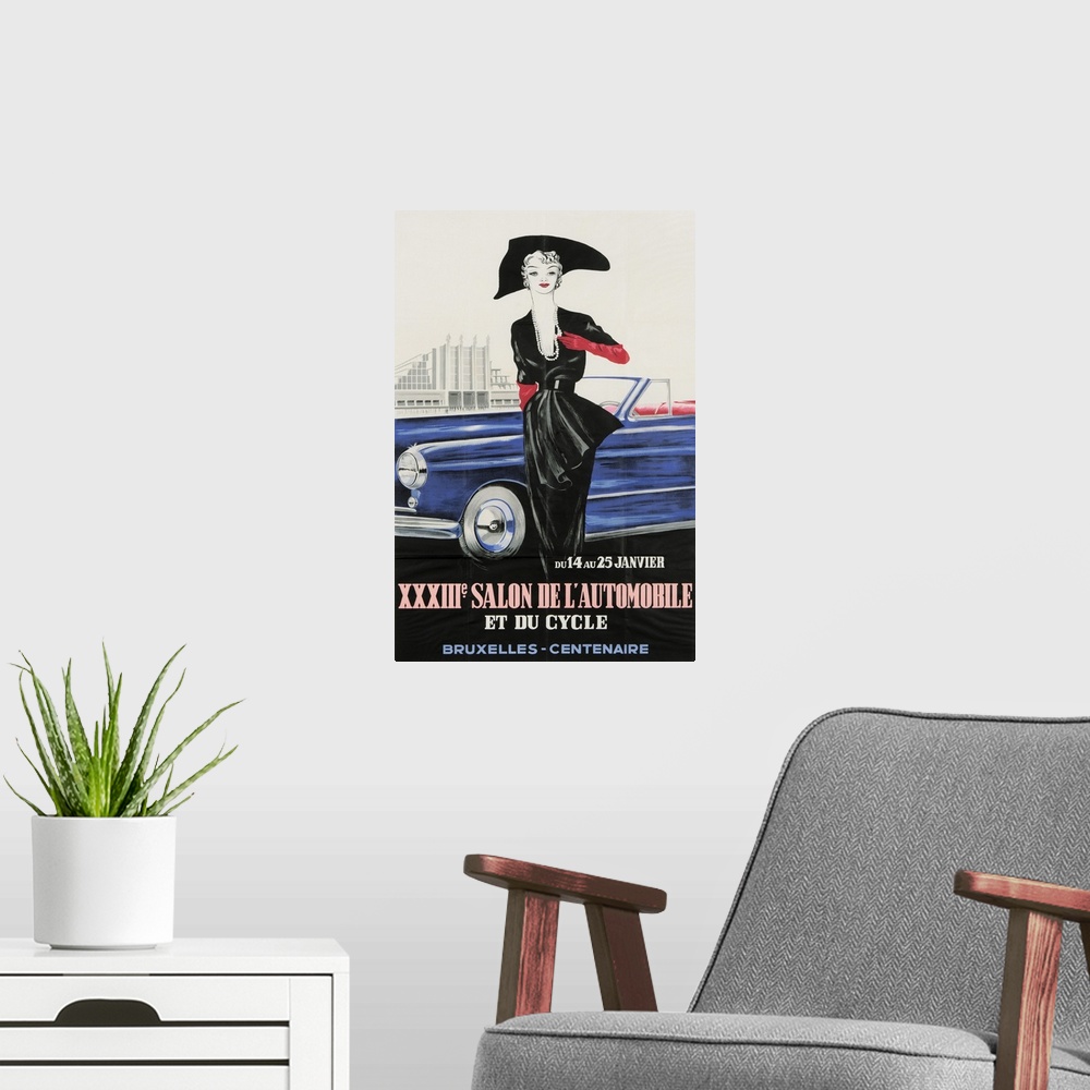 A modern room featuring Vintage poster advertisement for Salon De Automobile Bruxelles.