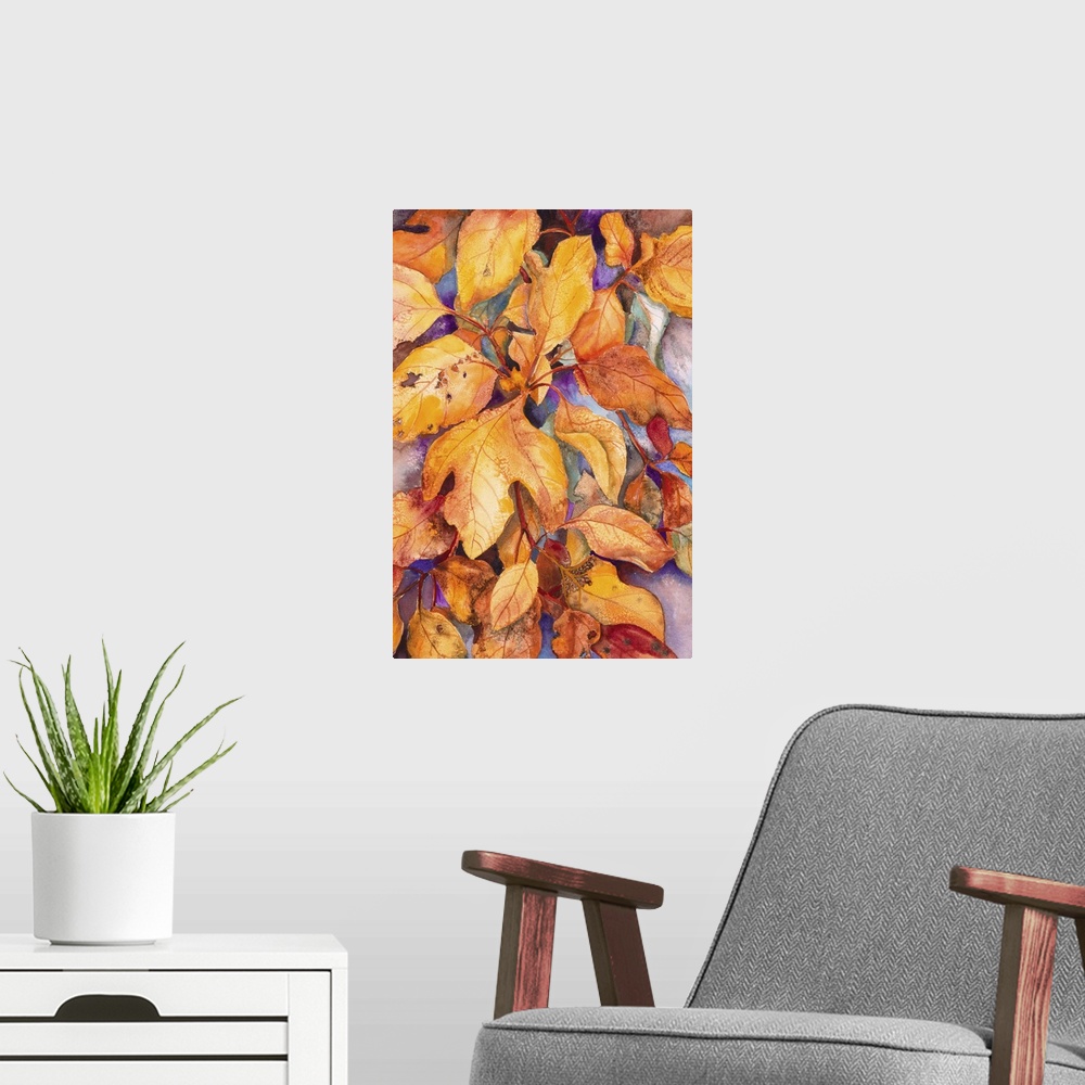 A modern room featuring Colorful contemporary painting of autumn leaves.