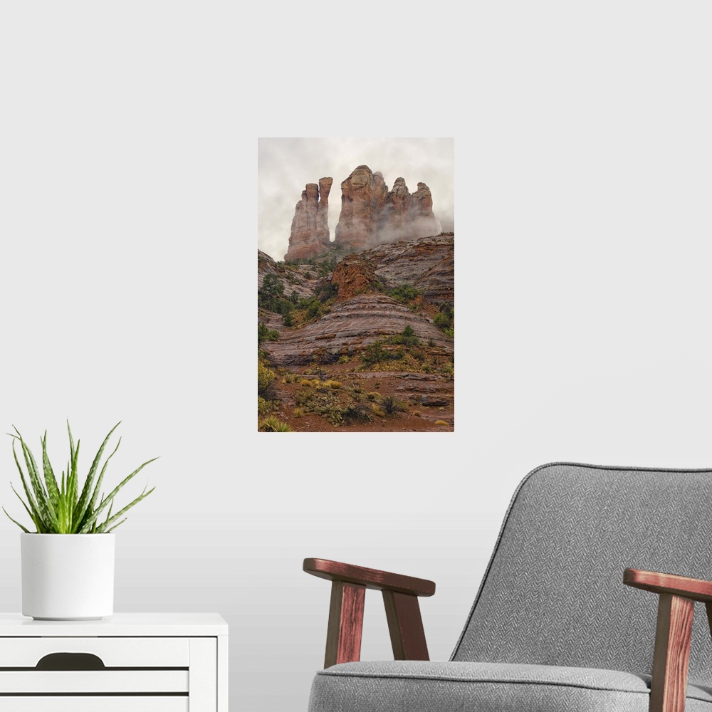 A modern room featuring A photograph of red rocks in a desert landscape.