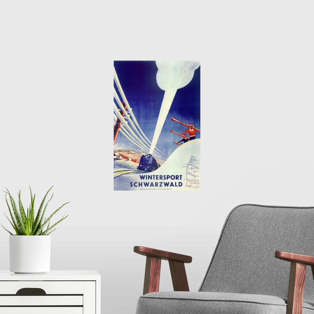 A modern room featuring Vintage poster advertisement for Skiing.