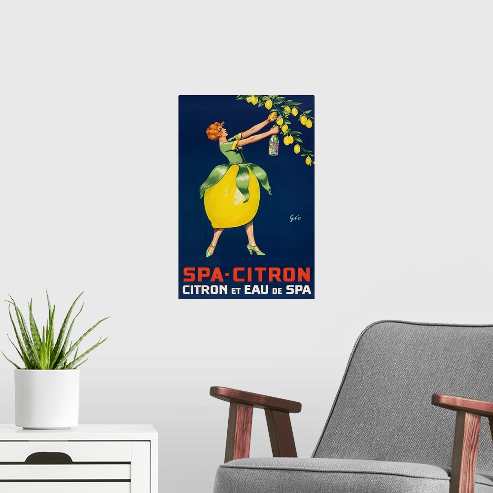 A modern room featuring woman picking lemons, bottom of her dress is a lemon