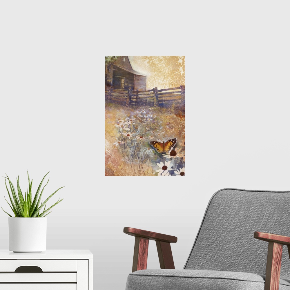 A modern room featuring A contemporary painting of a butterfly on wildflowers seen outside of a country home.