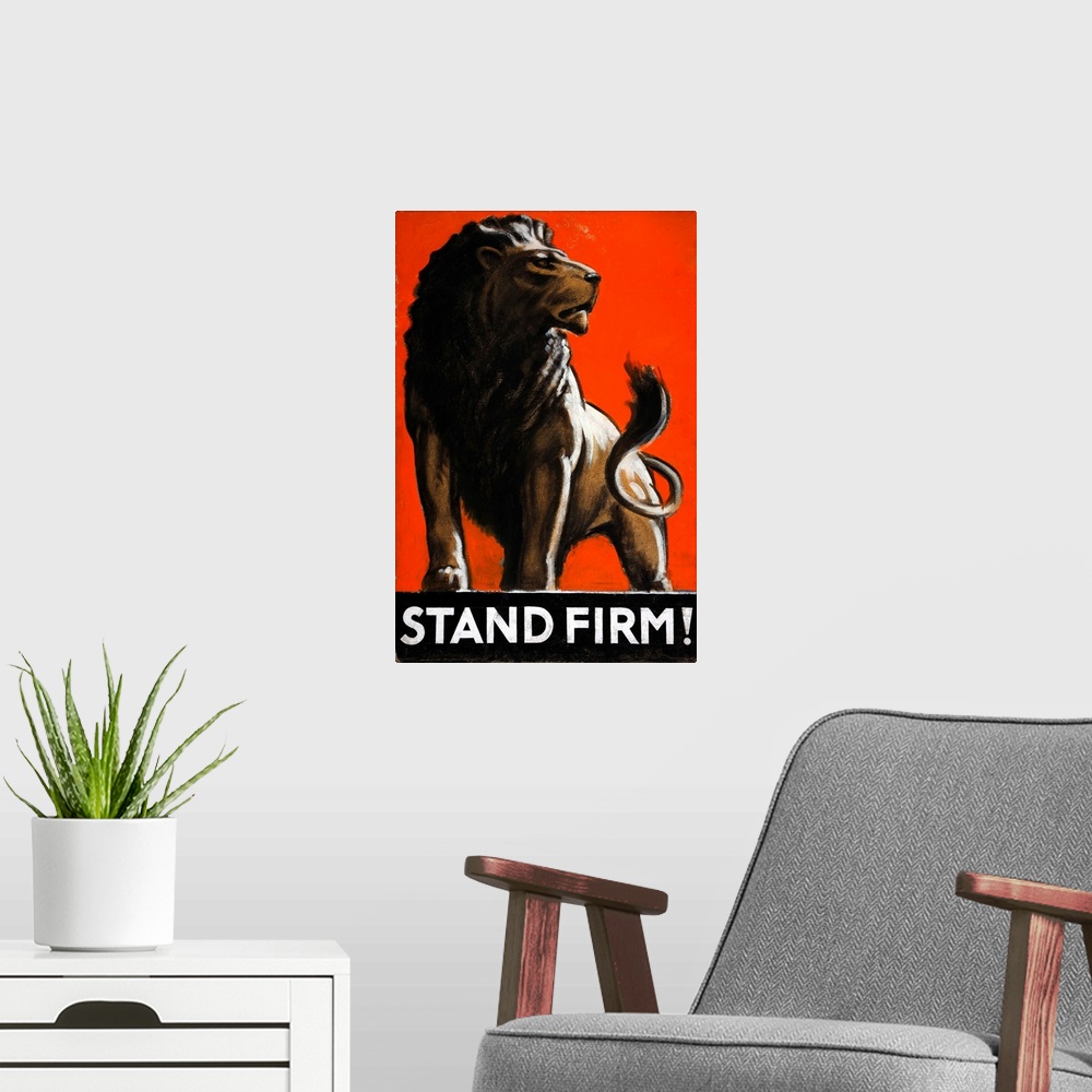 A modern room featuring Vintage poster advertisement for Stand Firm.