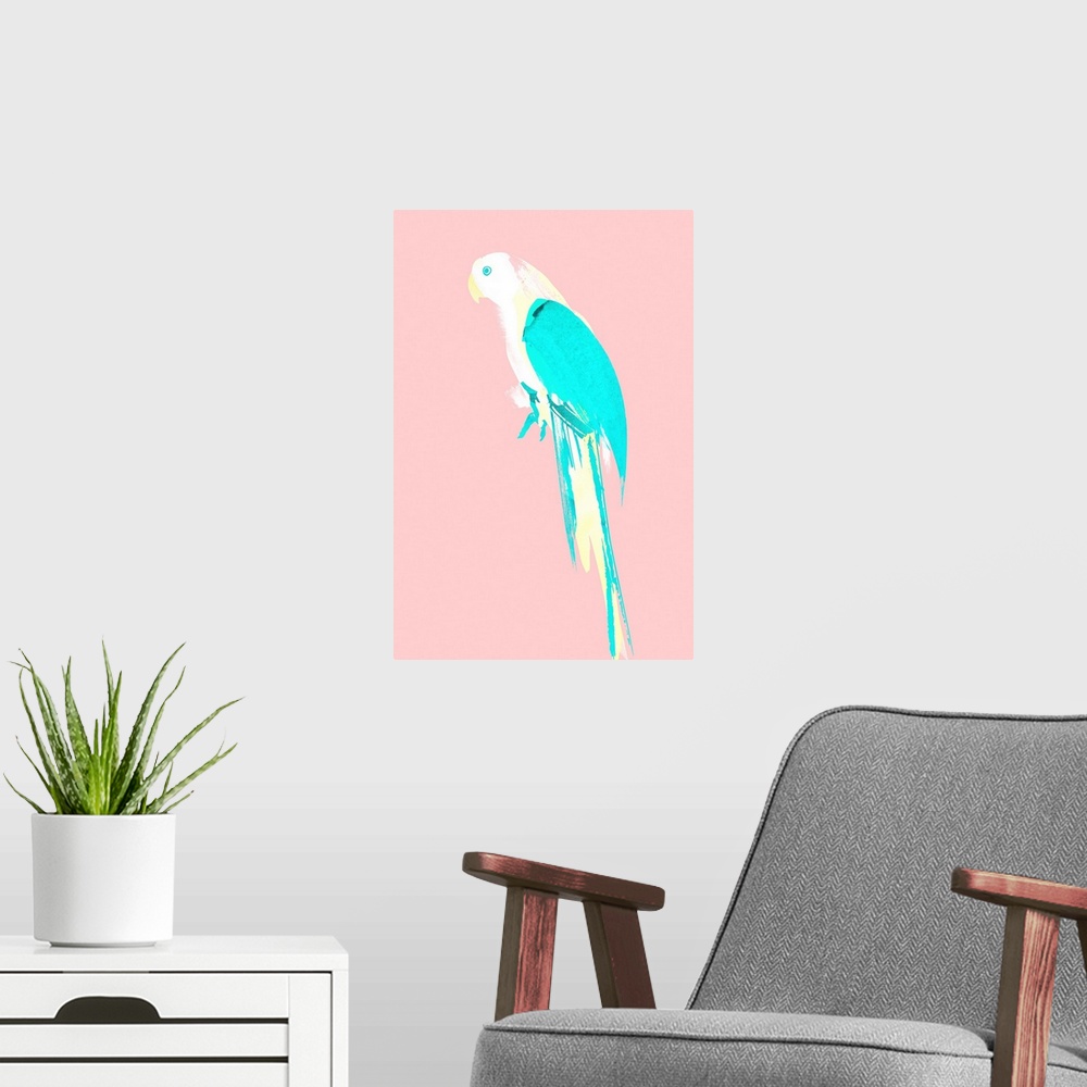 A modern room featuring Pop art of a pastel-colored parrot on a light pink background.