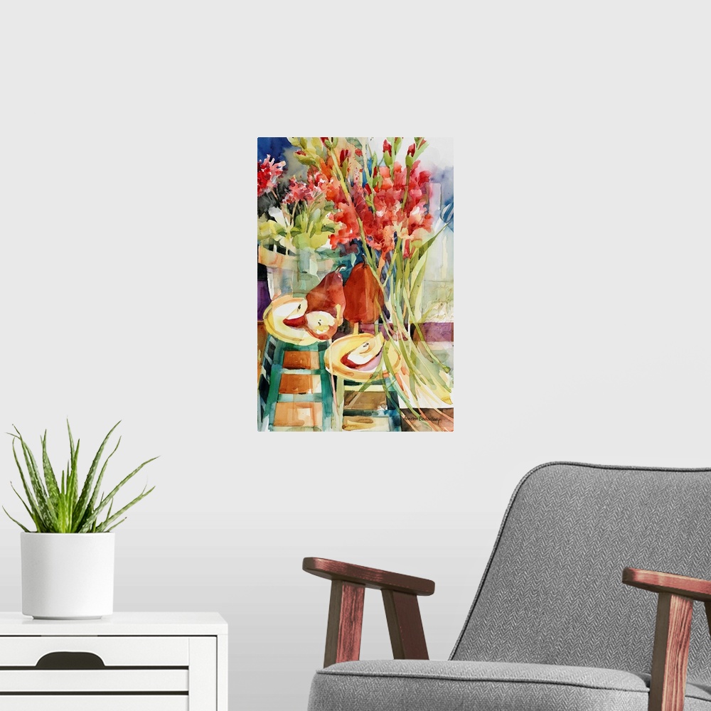 A modern room featuring Contemporary watercolor painting of flowers.