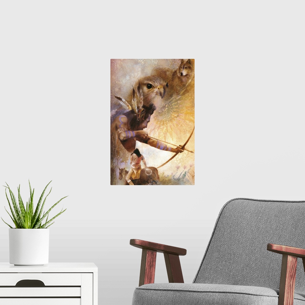 A modern room featuring A contemporary painting of a Native American man pulling back on a bow about to release an arrow,...