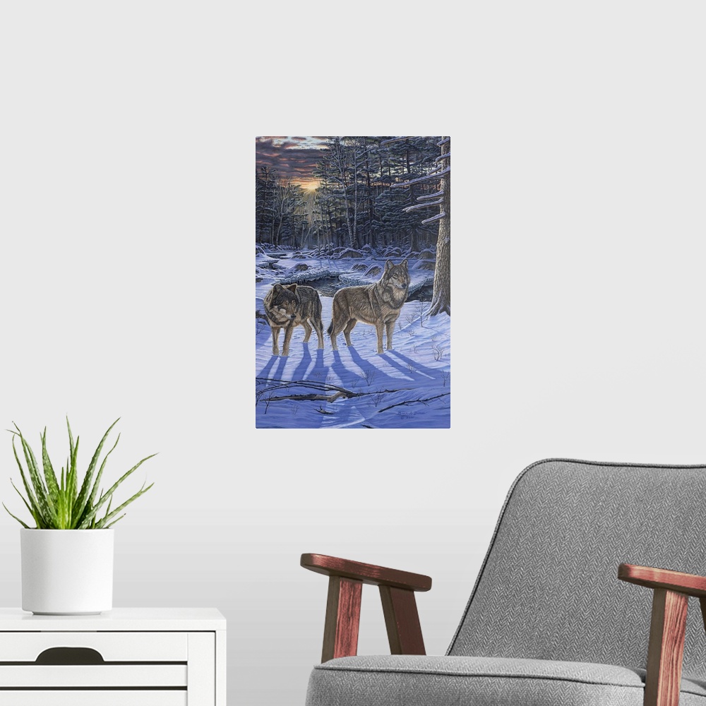 A modern room featuring Contemporary artwork of two wolves in wintery forest scene.