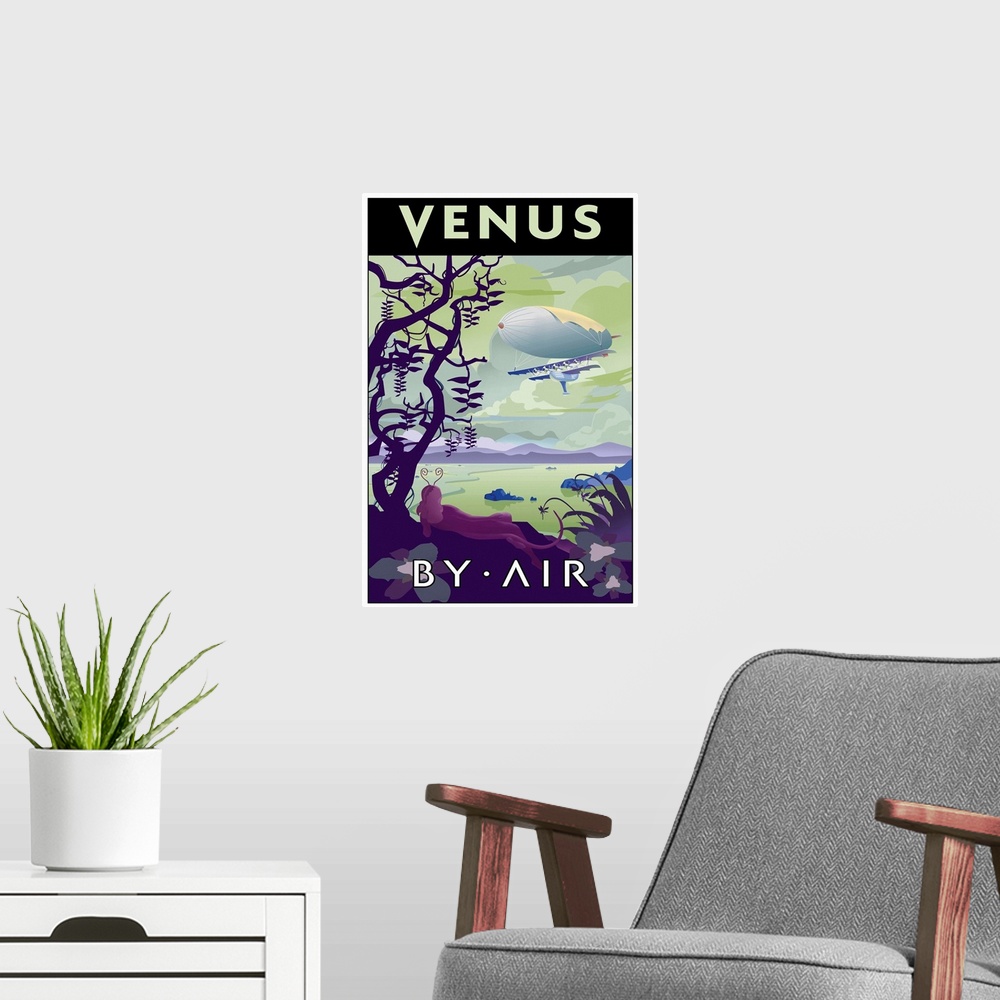 A modern room featuring Retro minimalist space travel poster.