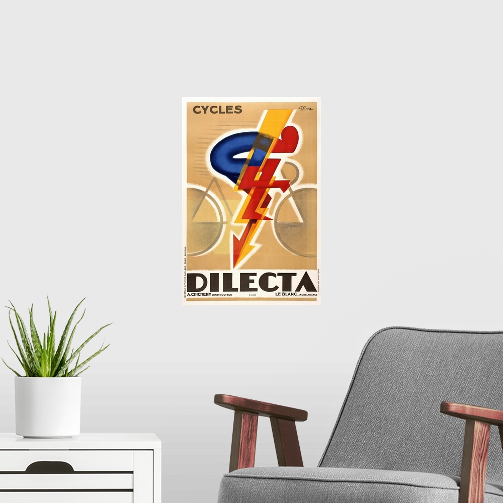 A modern room featuring Bicycle poster