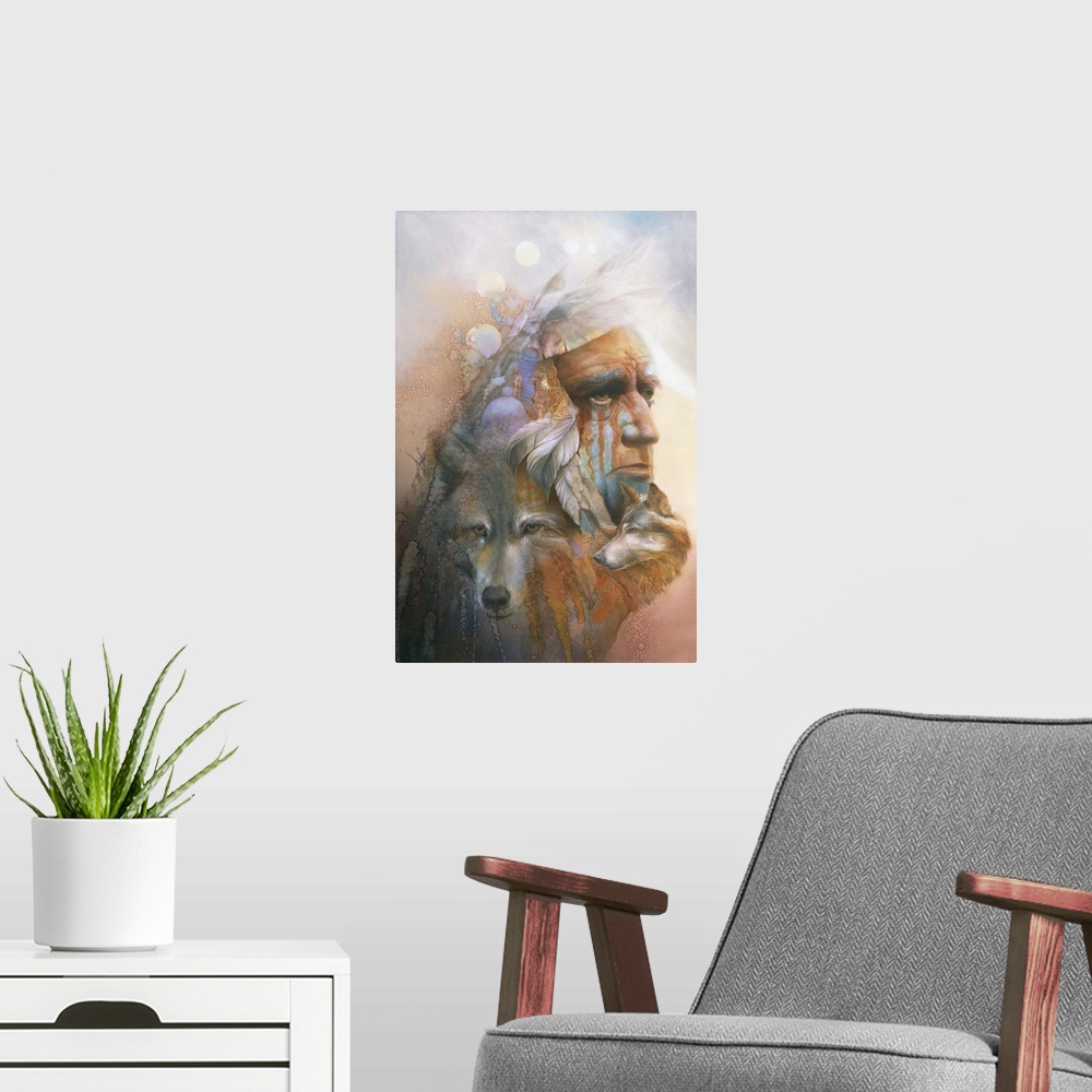 A modern room featuring A contemporary painting of an elderly Native American man surrounded by wolves and feathers.