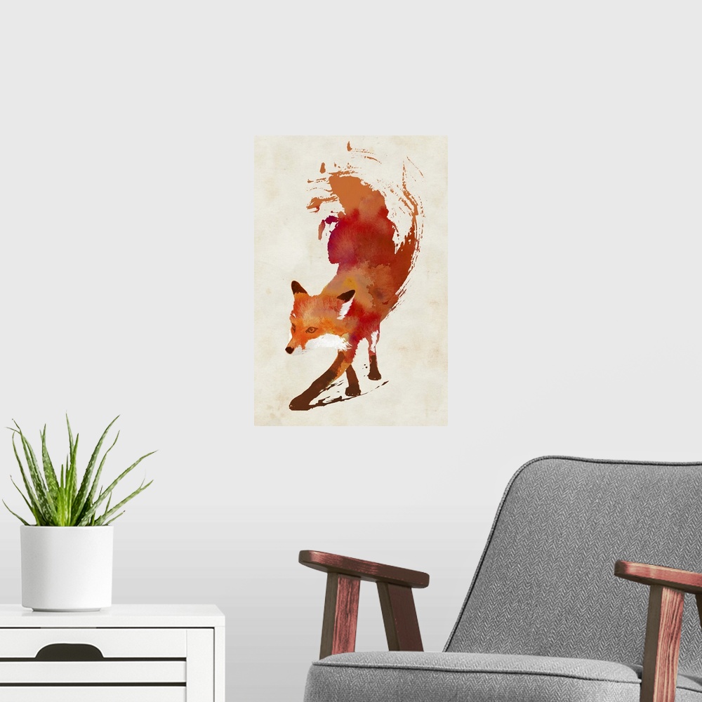 A modern room featuring Contemporary artwork of a red fox with a watercolor paint trail coming off it.
