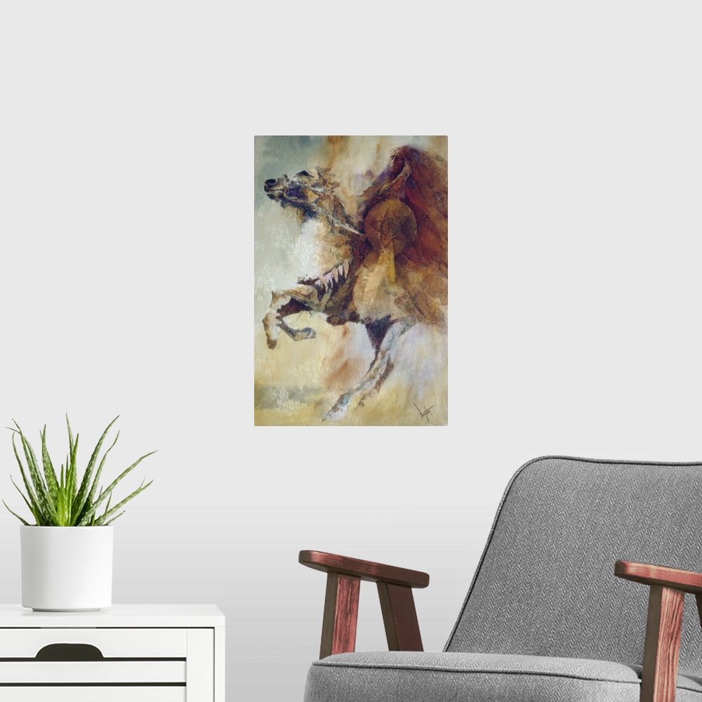 A modern room featuring A contemporary painting of a Native American chief sitting atop a horse rearing up.