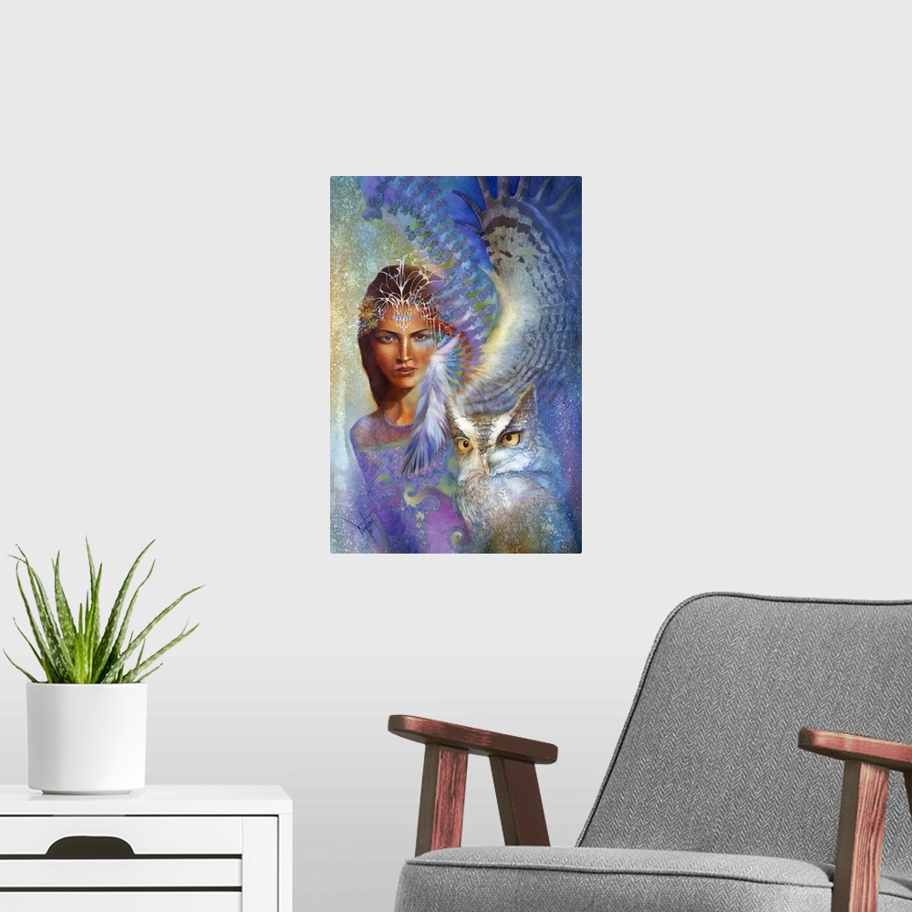 A modern room featuring A contemporary painting of a woman staring straight on and surrounded by colorful fractals and th...