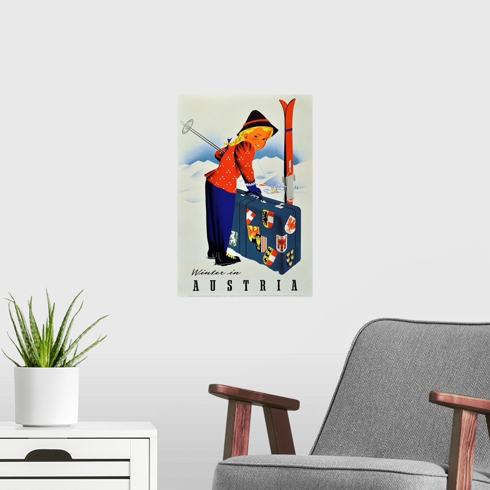 A modern room featuring Vintage poster advertisement for Winter Austria.