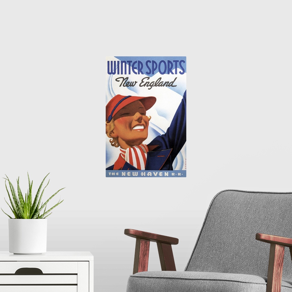 A modern room featuring Vintage poster advertisement for Winter Sports.