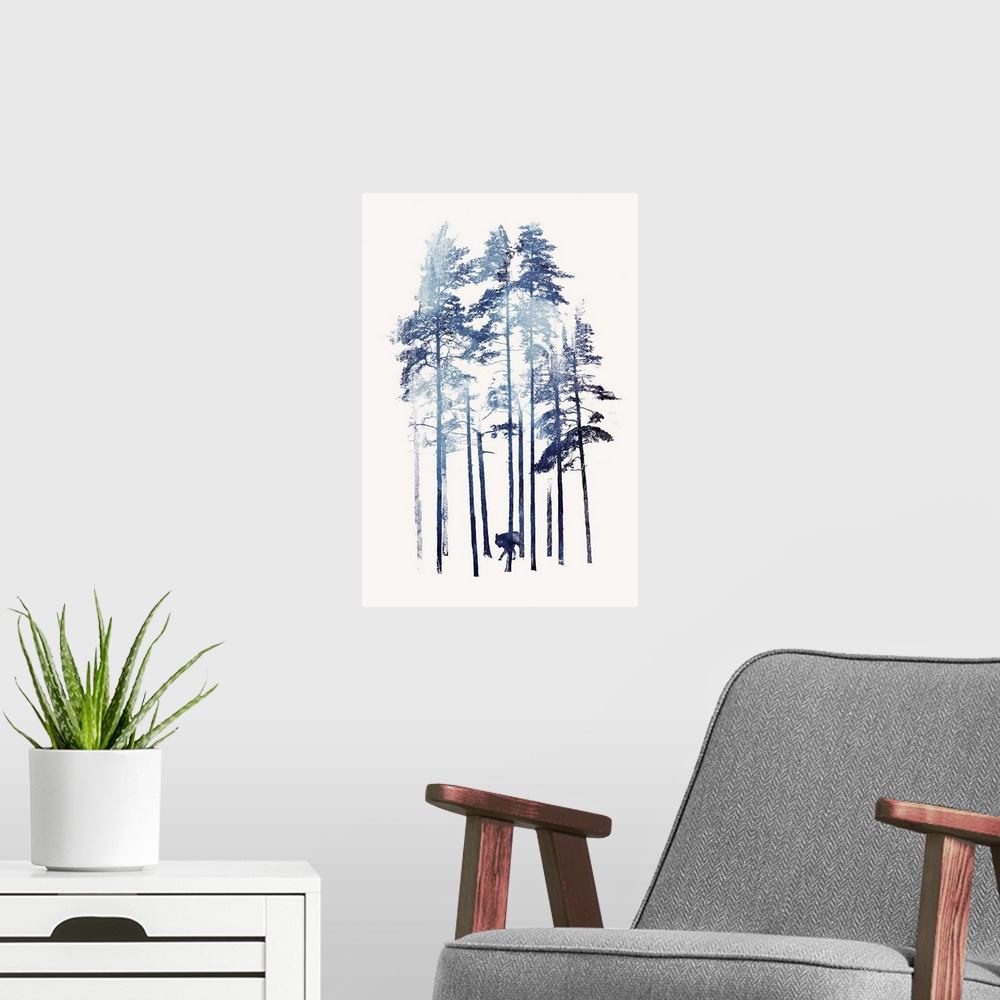 A modern room featuring Contemporary artwork of a wolf moving through a grove of tall trees.