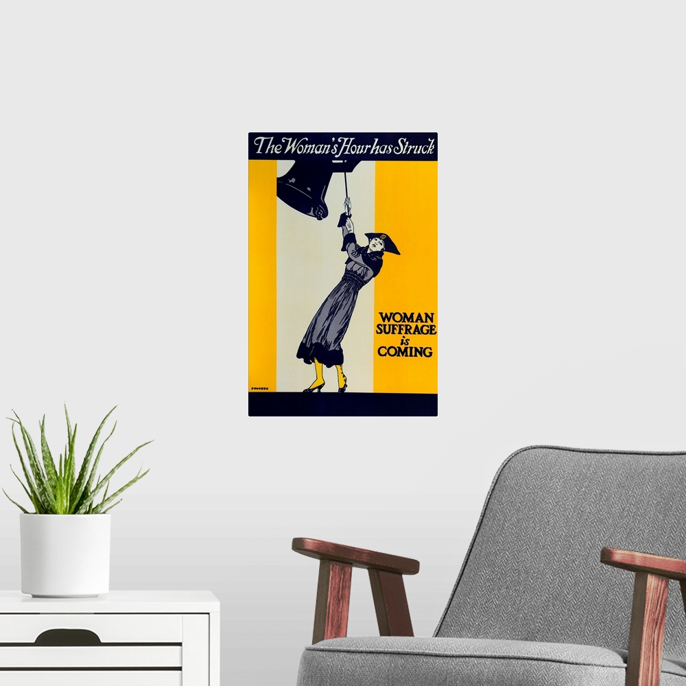 A modern room featuring Vintage poster advertisement for Womans Suffrage.