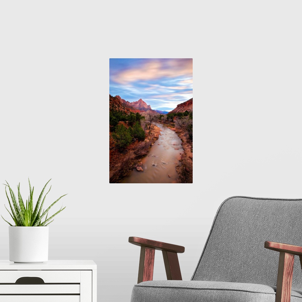 A modern room featuring A photograph of the Zion river in Zion National Park in Utah.